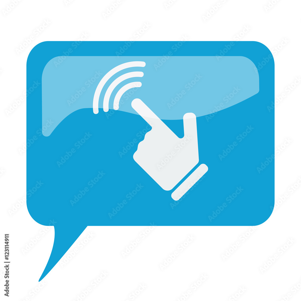 Blue speech bubble with white Touch Screen icon on white backgro Blue speech bubble with white Touch Screen icon on white backgro