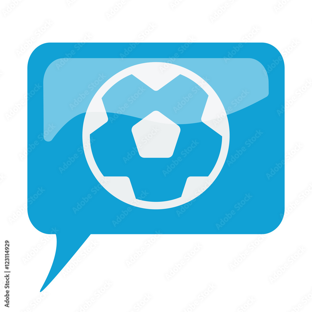 Blue speech bubble with white Soccer Ball icon on white backgrou Blue speech bubble with white Soccer Ball icon on white backgrou