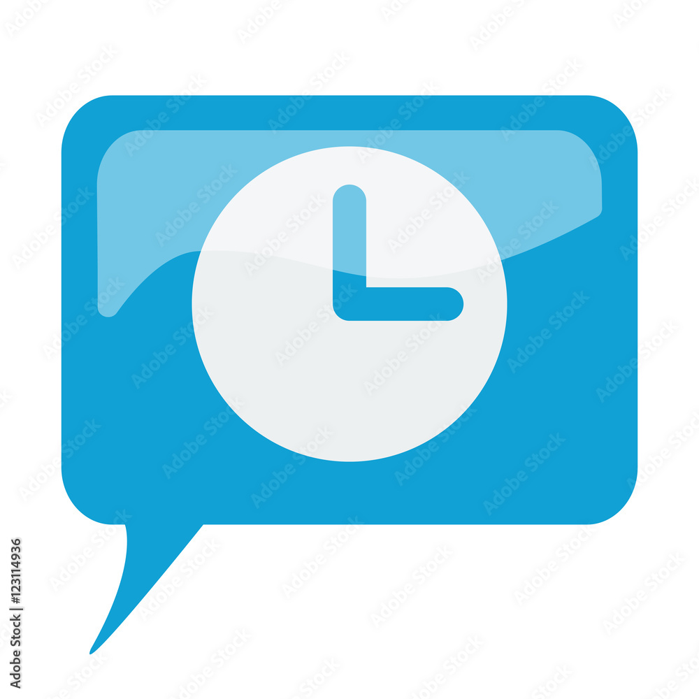 Blue speech bubble with white Clock icon on white background Blue speech bubble with white Clock icon on white background