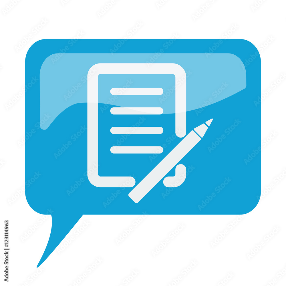 Blue speech bubble with white Pen And Paper icon on white backgr Blue speech bubble with white Pen And Paper icon on white backgr
