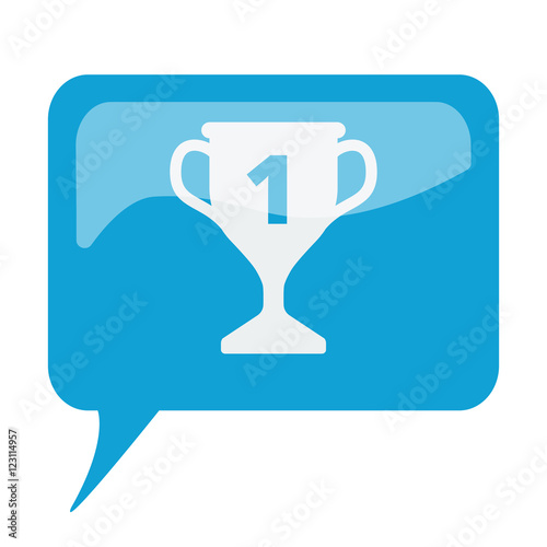 Blue speech bubble with white Trophy icon on white background