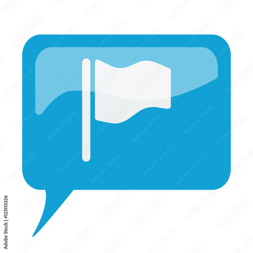 Blue speech bubble with white Flag icon on white background Blue speech bubble with white Flag icon on white background