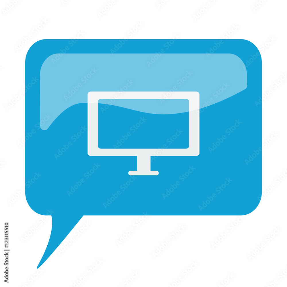 Blue speech bubble with white Computer Screen icon on white back