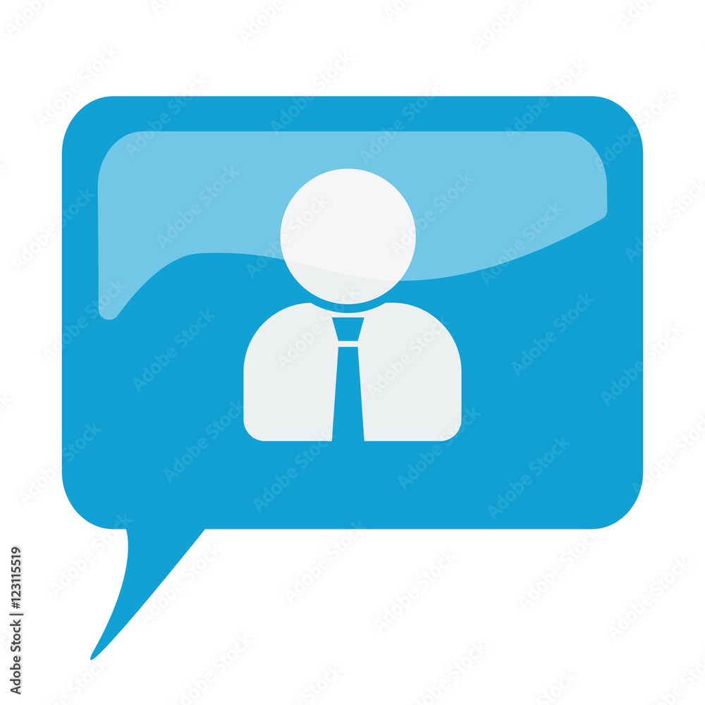 Blue speech bubble with white User Profile icon on white backgro Blue speech bubble with white User Profile icon on white backgro