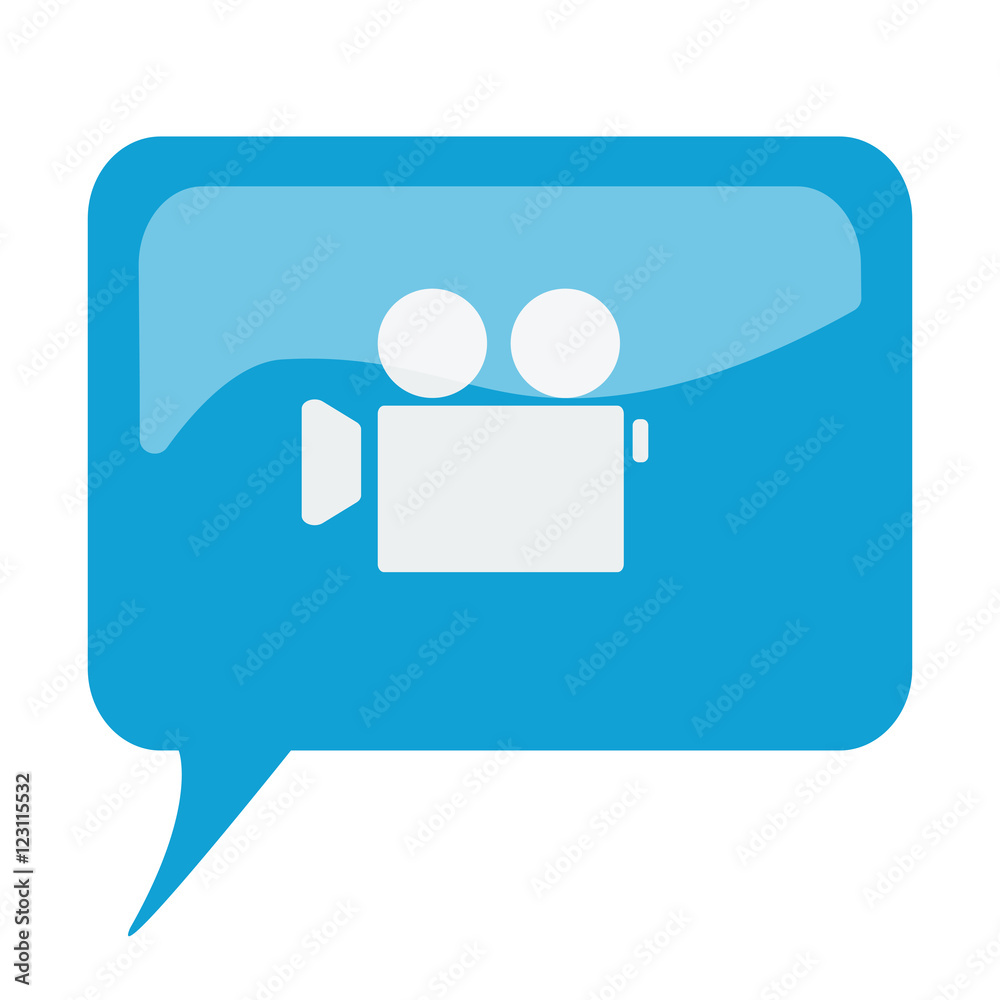 Blue speech bubble with white Video Camera icon on white backgro Blue speech bubble with white Video Camera icon on white backgro