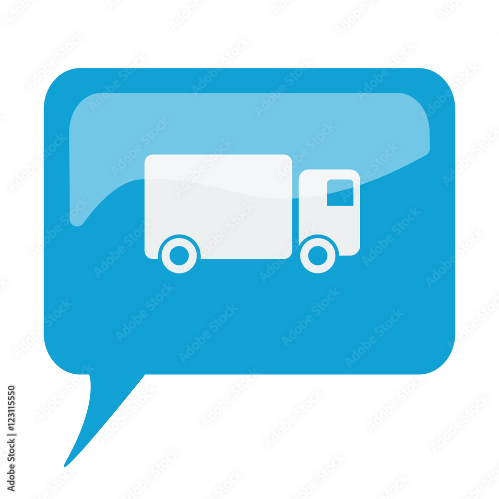 Blue speech bubble with white Delivery Truck icon on white backg Blue speech bubble with white Delivery Truck icon on white backg