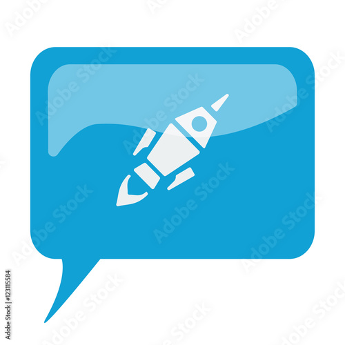 Blue speech bubble with white Rocket Launch icon on white backgr