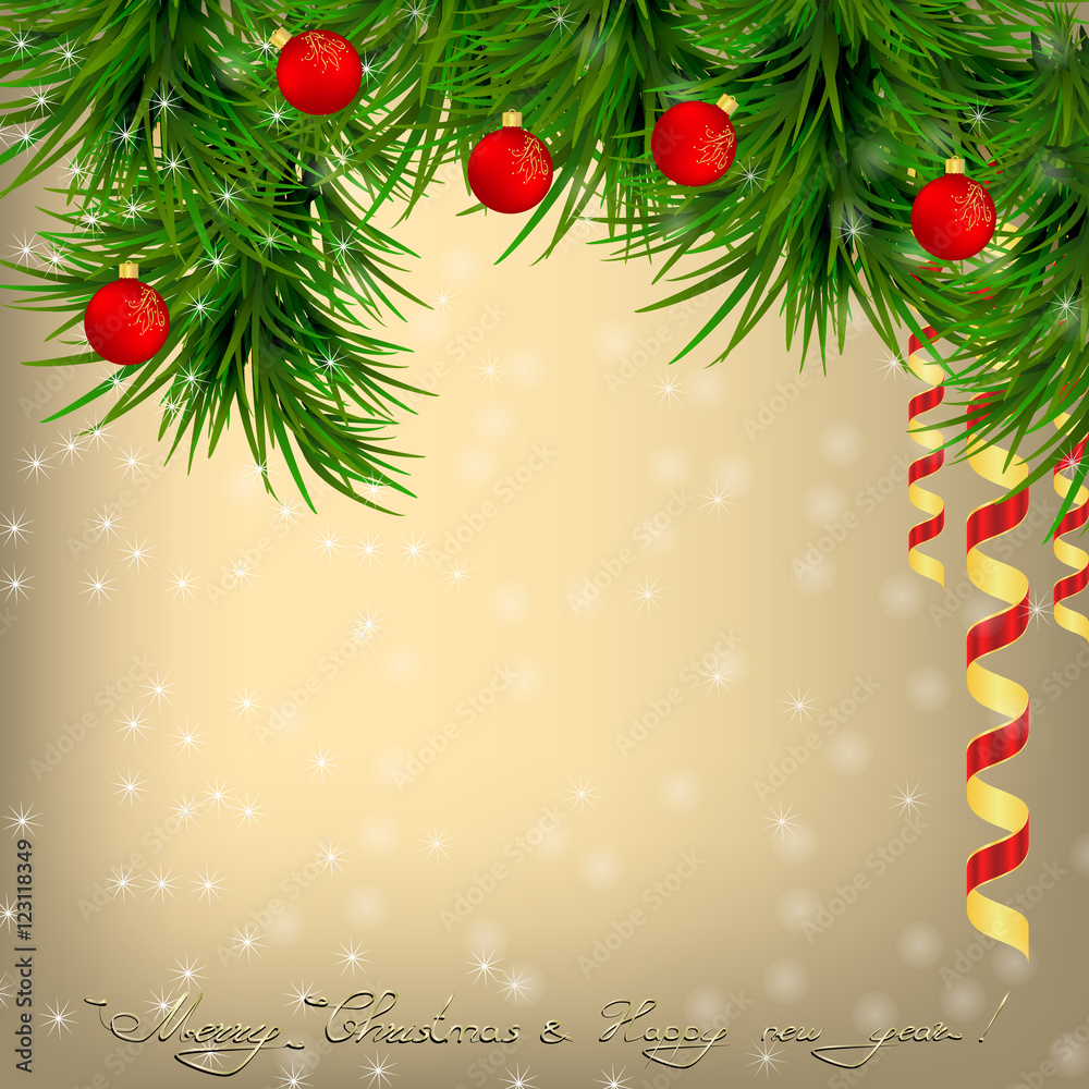 Christmasr Greeting card with Christmas tree, red balls and  rib