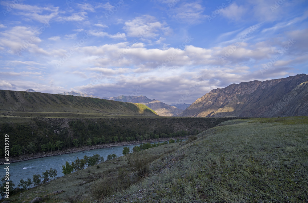 Morning in the valley of Katun river. Altai Mountains, Russia. Morning in the valley of Katun river. Altai Mountains, Russia.
