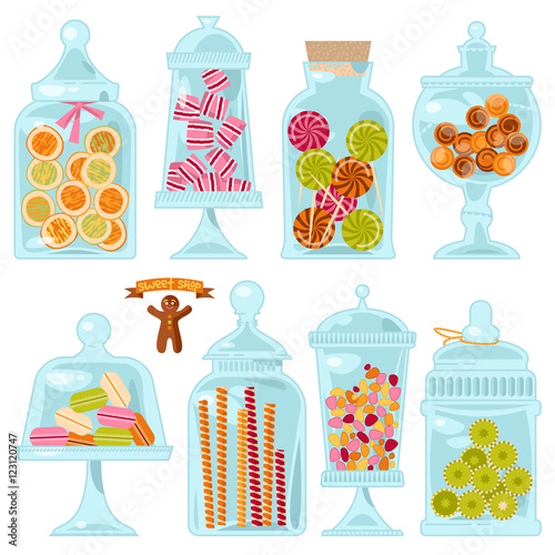 Sweet shop. Glass jars of various forms with different candies.