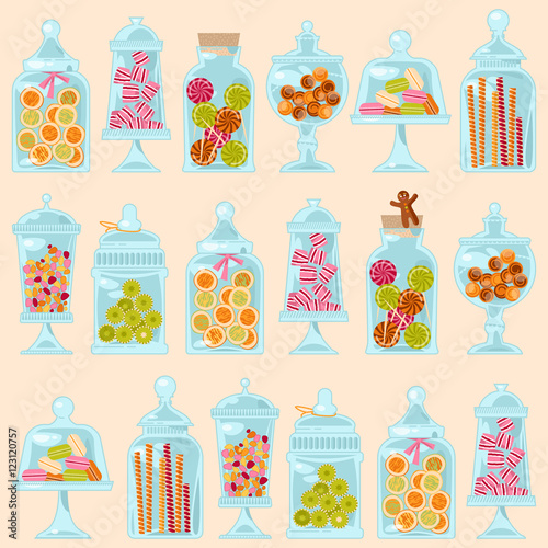 Sweet shop. Glass jars of various forms with different candies.  Seamless background pattern. 