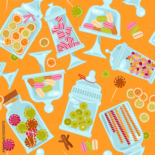 Sweet shop. Glass jars of various forms with different candies. Seamless background pattern. 
