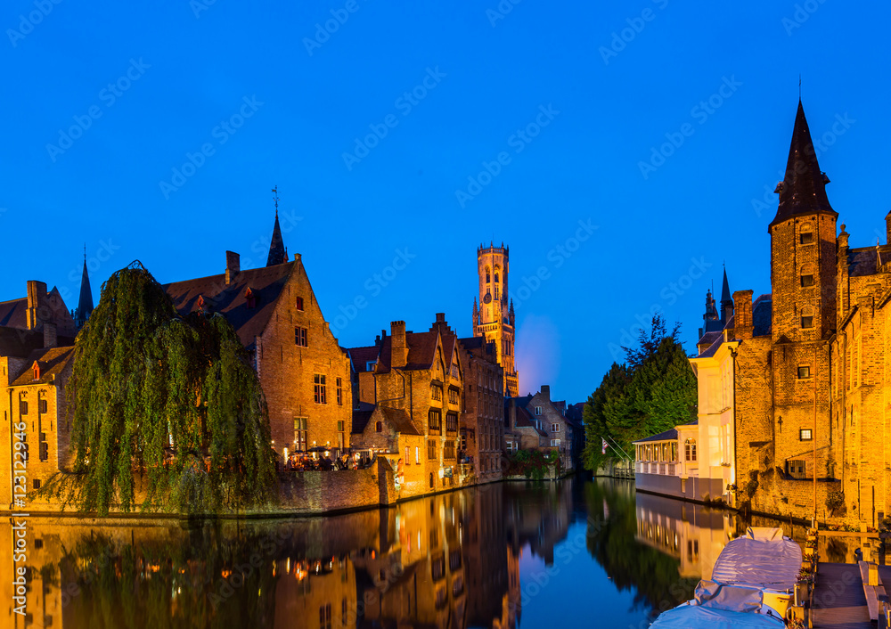 Image of Rozenhoedkaai at dusk in Bruges,Belgium
