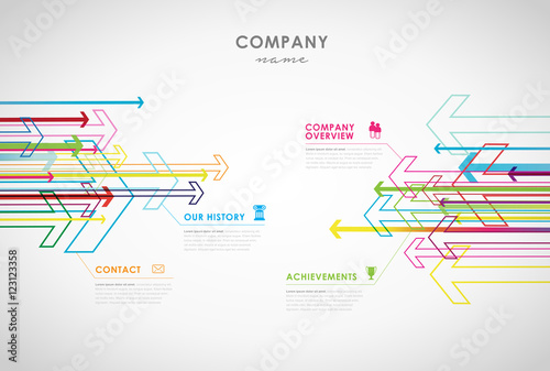 Company infographic overview design template with arrows and ico