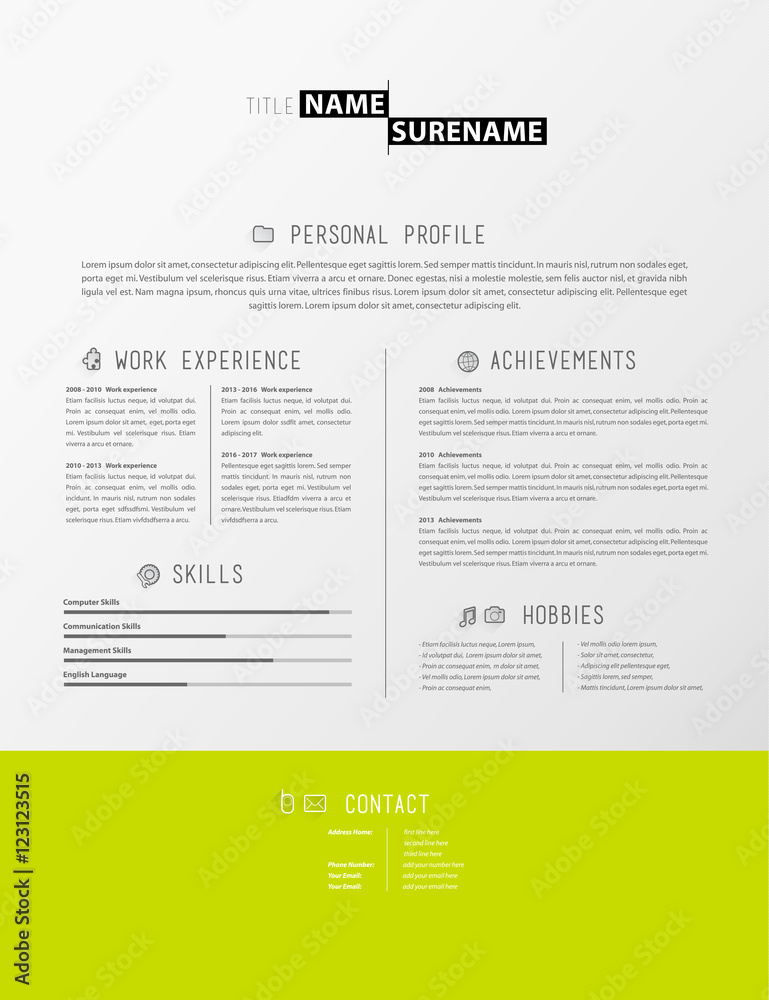 Creative simple cv template with green stripe in footer.