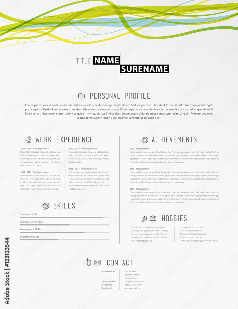 Creative simple cv template with colorful lines in header.