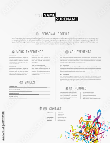 Creative simple cv template with colorful music tunes in footer.
