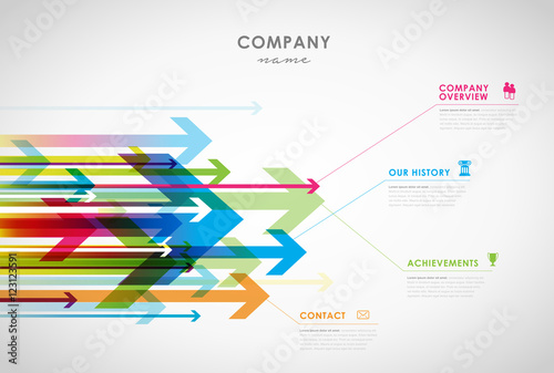 Company infographic overview design template with arrows and ico