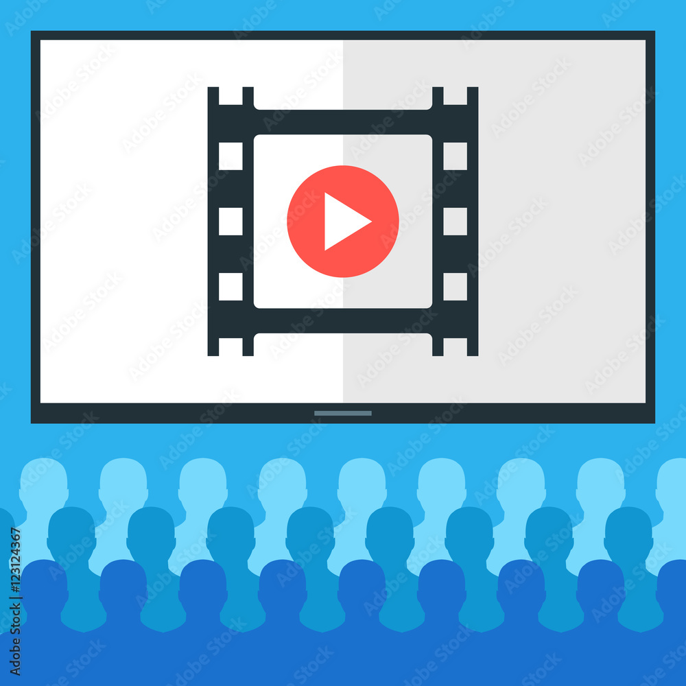 People at cinema and cinema screen with film frame. Audience watching movie concept. Flat design vector illustration People at cinema and cinema screen with film frame. Audience watching movie concept. Flat design vector illustration