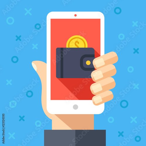 Hand holding smartphone with wallet and coin on screen. Online payment, internet banking, pay with your cellphone, mobile wallet graphic design concepts. Creative modern flat vector illustration