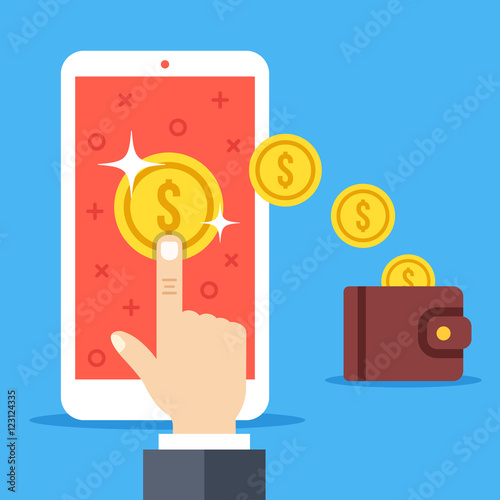 Hand tapping on coin on smartphone screen, gold coins falling to wallet. Earn money online, pay per click, withdrawal, convert digital currency to cash concepts. Flat design vector illustration
