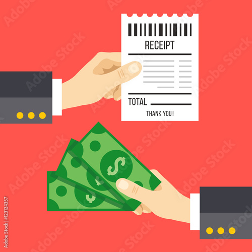 Hand holding receipt and hand holding money. Pay a bill with cash graphic concept. Flat design vector illustration isolated on red background