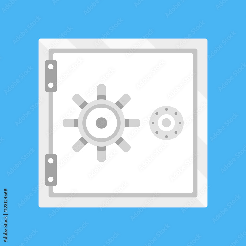 Vector safe icon. Flat design closed metal safe illustration isolated on blue background
