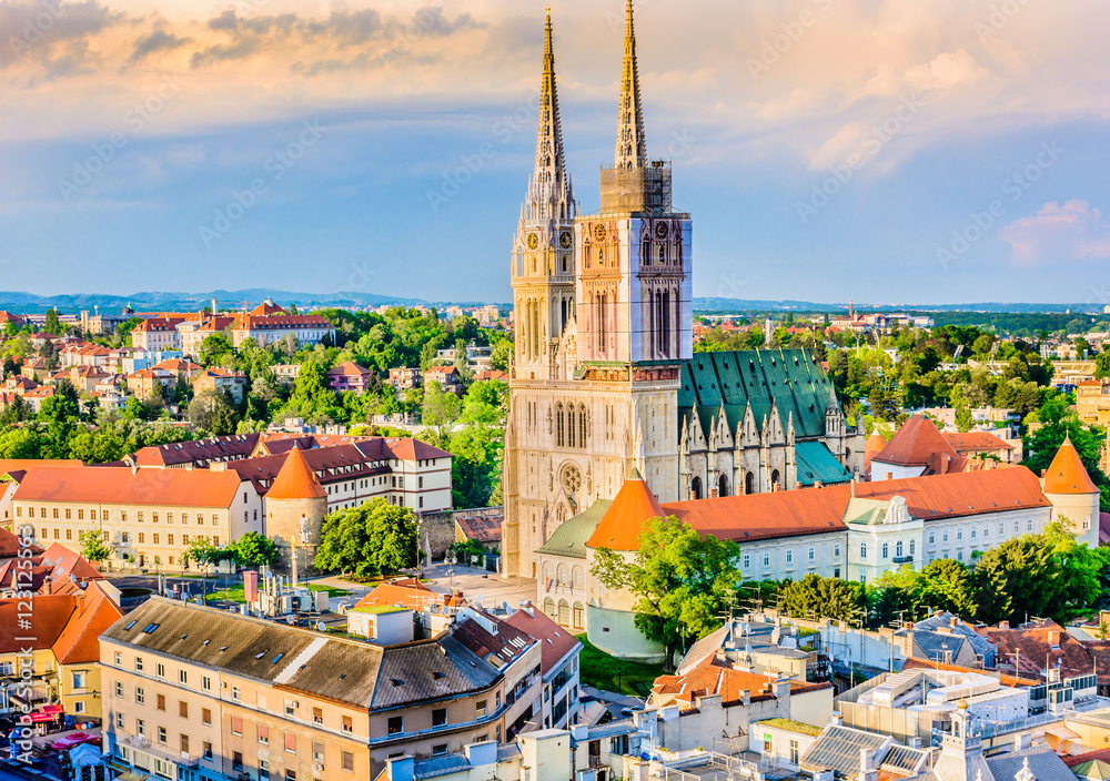 Zagreb cathedral aerial view. / Aerial view on cathedral in Zagreb city, capital town of Croatia, european landmarks. - obrazy, fototapety, plakaty 