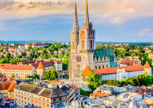 Zagreb cathedral aerial view. / Aerial view on cathedral in Zagreb city, capital town of Croatia, european landmarks. photo