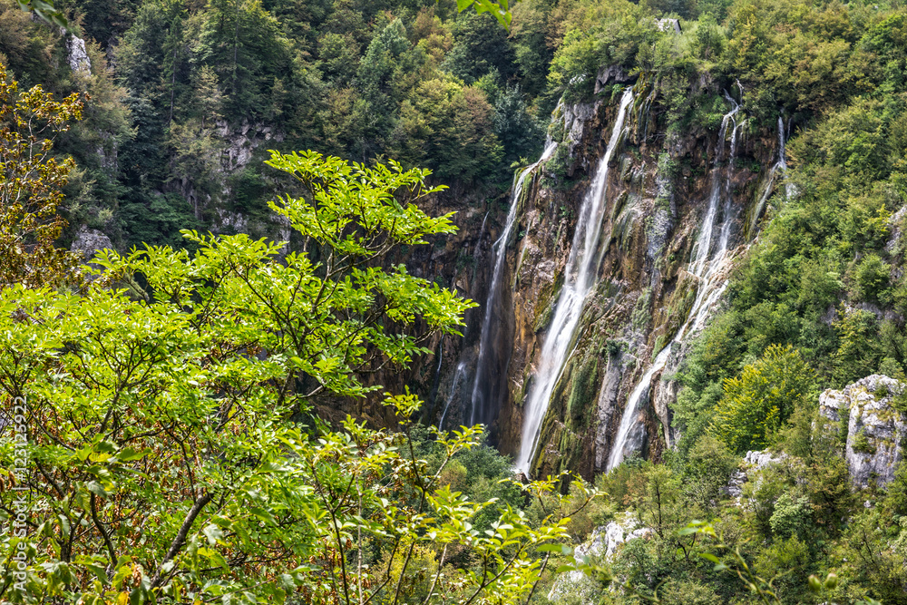 Croatia Waterfall of Plitvice lake, natural travel background