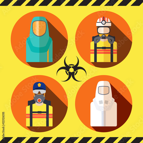 Vector isolated icons set of biohazard protective suits.