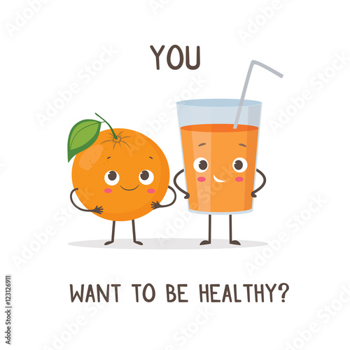 Funny characters orange and glass of orange juice