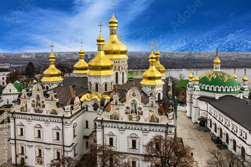 Kiev, Ukraine. Cupolas of Pechersk Lavra Monastery and river 