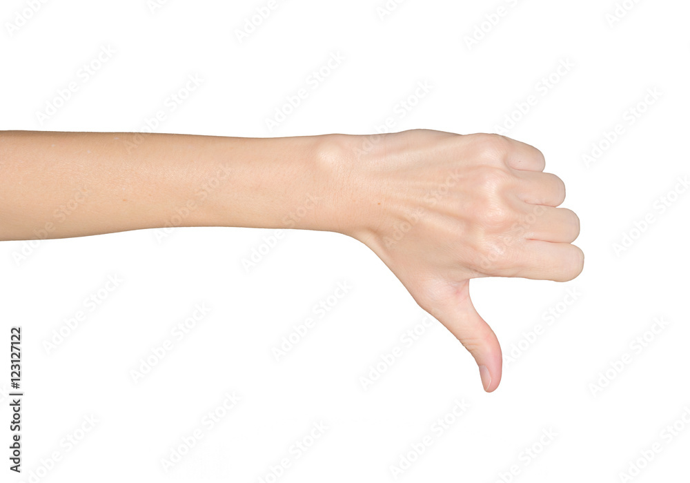 Closeup of female hand bad, no agree. Isolated on white background. Closeup of female hand bad, no agree. Isolated on white background.