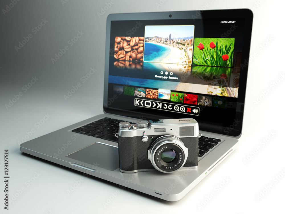 Photo camera and laptop with image viewer on the screen. Digital Photo camera and laptop with image viewer on the screen. Digital
