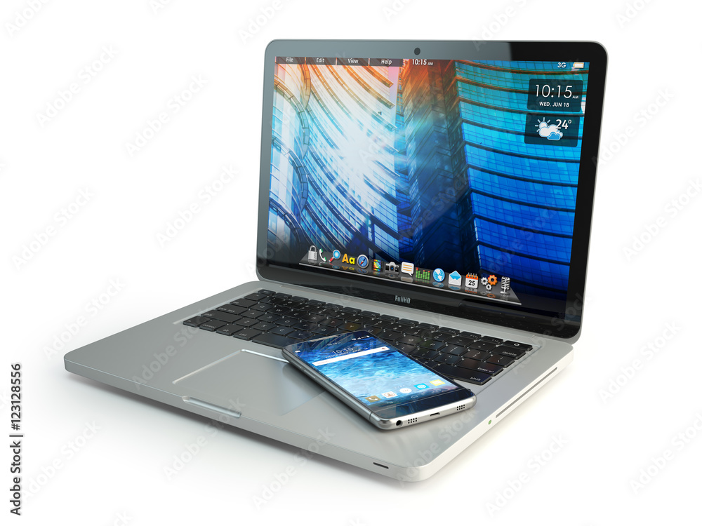 Mobile phone on laptop keyboard isolated on white. Telecommunica Mobile phone on laptop keyboard isolated on white. Telecommunica