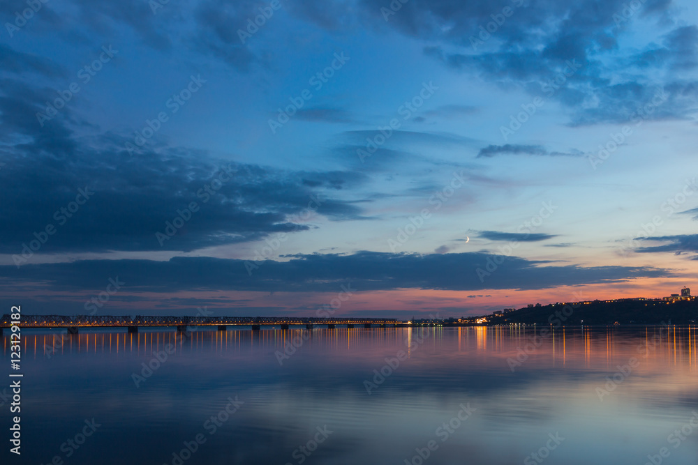 Sunset over Volga River during blue hour in Ulyanovsk