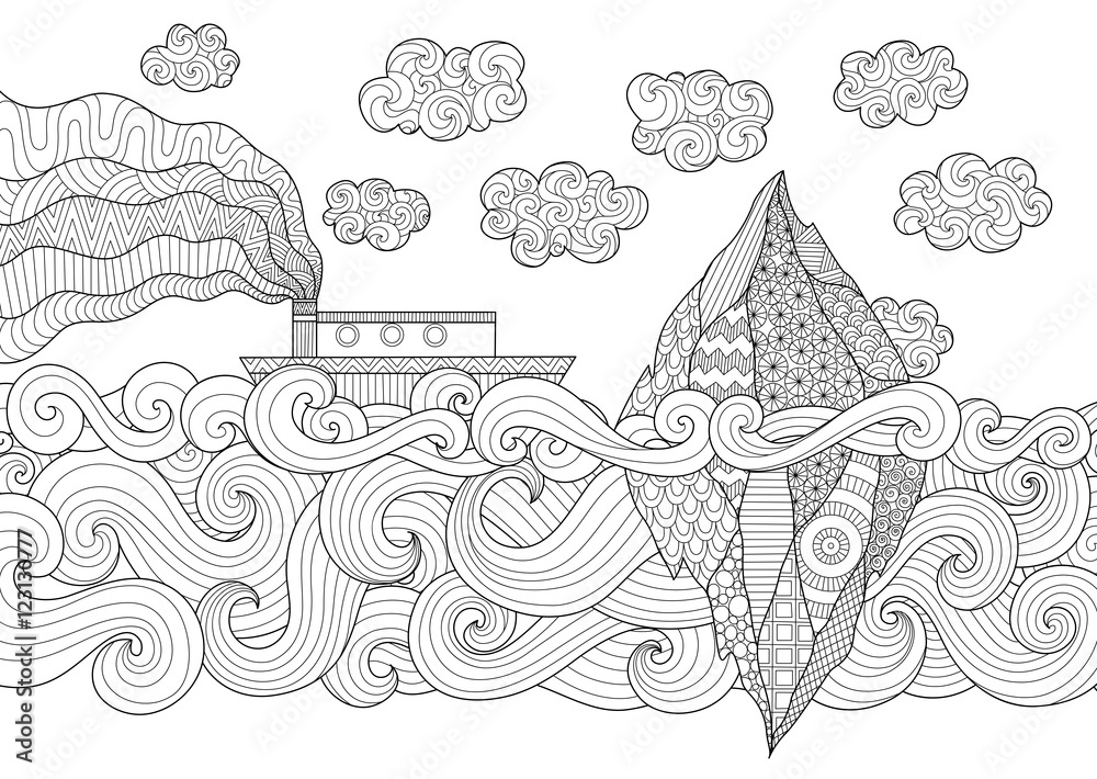 Zendoodle design of seascape with running vessel and iceberg for illustration and adult coloring for anti stress - Stock Vector

