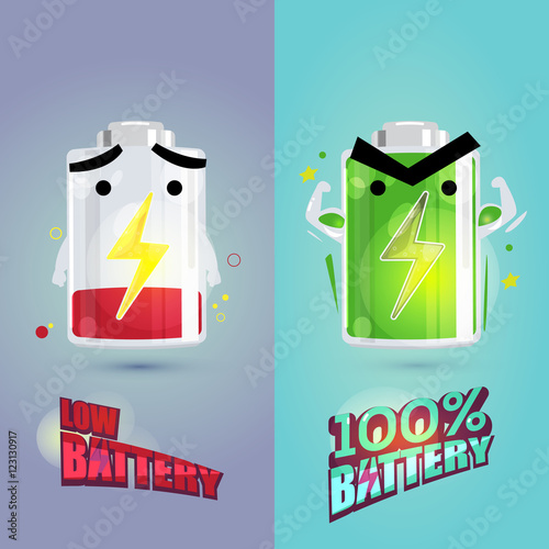 low battery and full battery character design. power of battery
