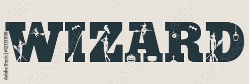 Wizard word and silhouettes on them. Halloween theme background