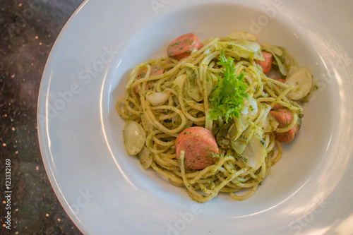 Delicious sausage basil spagetthi photo