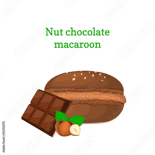 Vector illustration of a delicious French dessert. Macaroon chocolate with hazelnuts. Macaron delicious chocolate nutty sweetness to design a menu, packaging, confectionery decoration