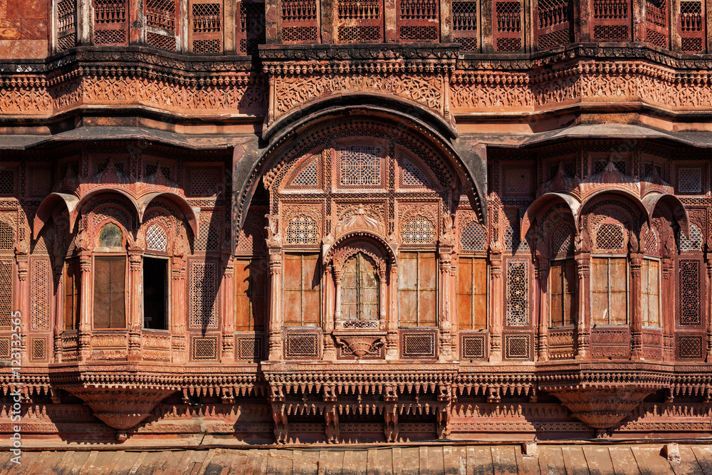 Decorated carved windows in Rajasthan, India