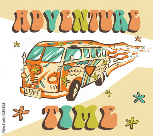 Hippie car, mini van on rays background. Bright adventure vector poster. Psychedelic concept.