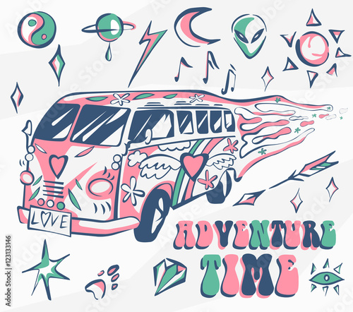 Adventure time vector poster. Hippie car, mini van with different symbols. Retro colors. Psychedelic concept. Vector illustration for summer holiday, travel agency, beach vacation and party.