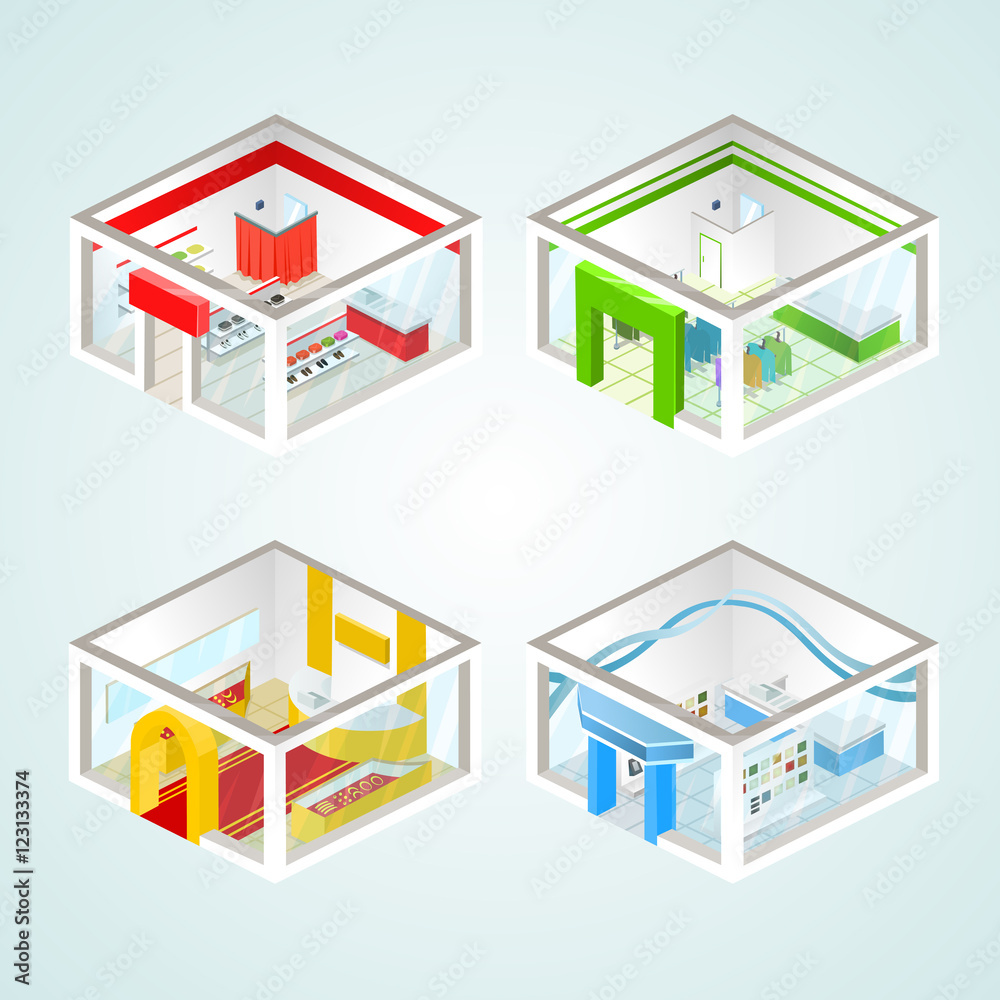 Set of the isometric shops and other elements (Clothing, Jewelry. Vector illustration. Set of the isometric shops and other elements (Clothing, Jewelry. Vector illustration.