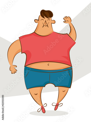 Young man in red shirt with excess weight. Comic cartoon illustration. Vector character for unhealthy nutrition or body positive articles