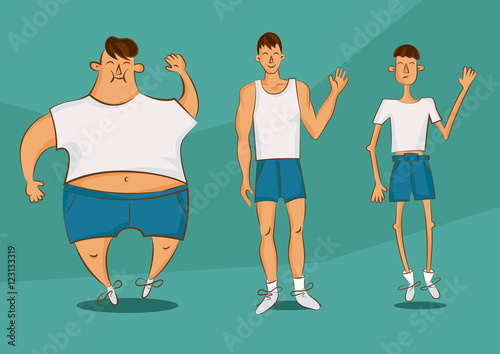Handsome person in a different forms. Set of cartoon style illustrations. Man with excess weight, in normal shape and with underweight. Vector comic character.