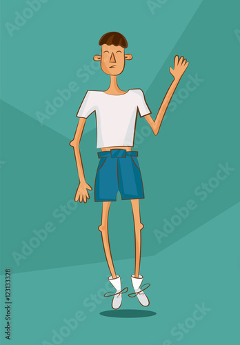 Young man in white shirt with underweight. Comic cartoon illustration. Unhealthy nutrition article image. Vector character