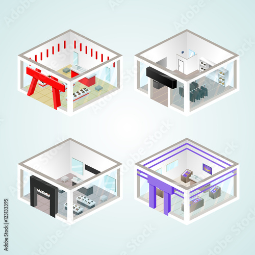 Set of the isometric shops and other elements (Clothing, Jewelry, Shoes). Vector illustration.